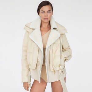 Nicole Benisti Double Breasted Shearling and Nylon Biker Jacket